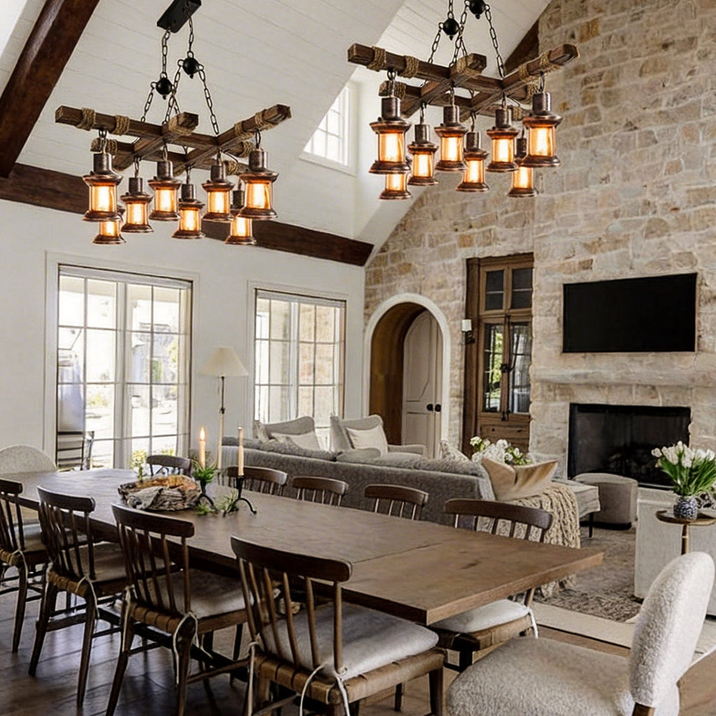 Wood and glass chandelier above an open plan dining area