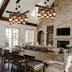 Wood and glass chandelier above an open plan dining area
