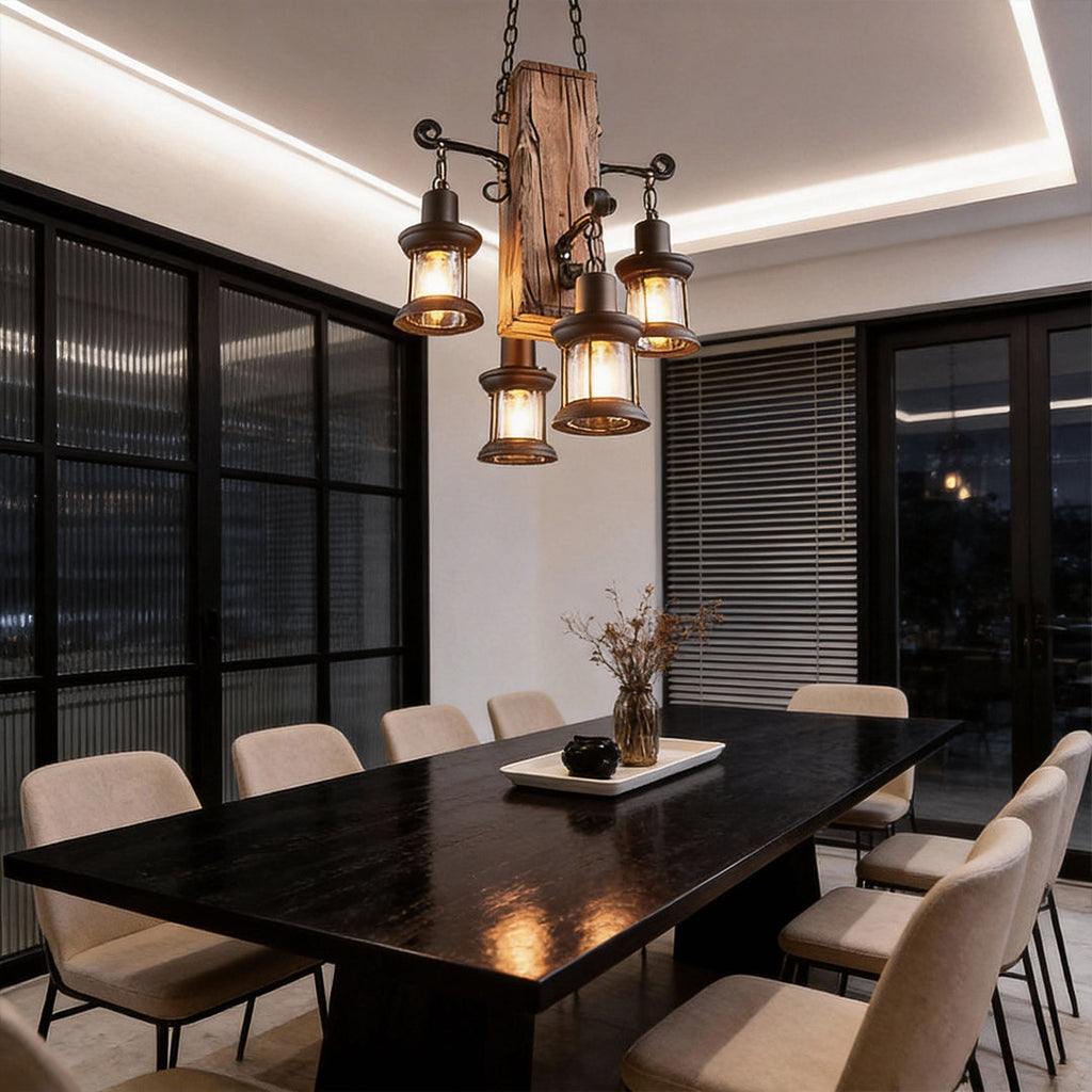 Wood lantern chandelier softly lighting a contemporary dining table