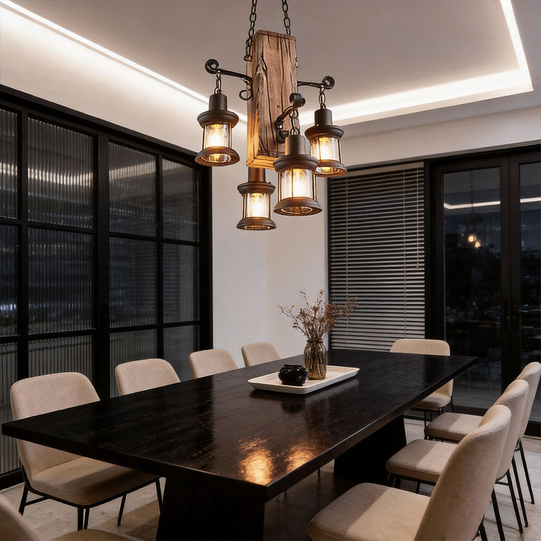 Wood lantern chandelier softly lighting a contemporary dining table