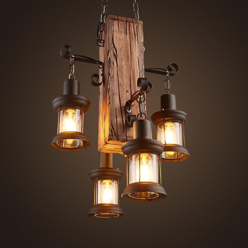 Wood beam lantern chandelier shown against a plain background