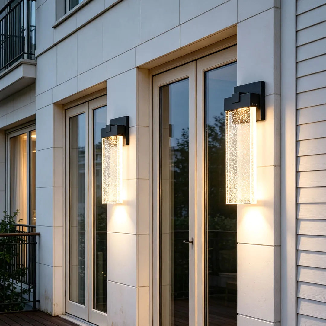 Seeded Crystal Outdoor Wall Light, Rectangular LED Sconce for Entryways and Facades, Die-Cast Aluminum with Bubble Glass Glow