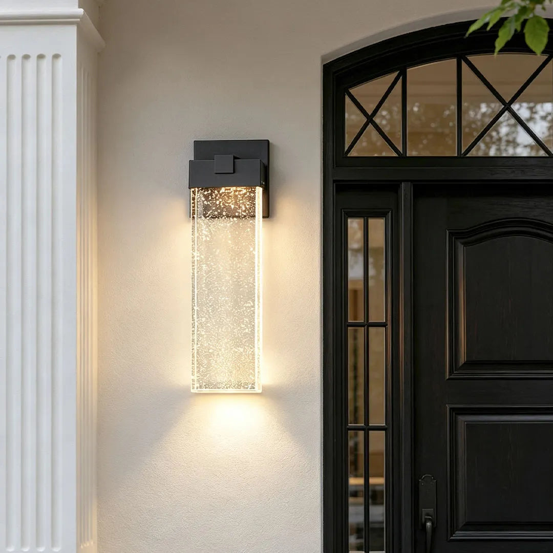 Seeded Crystal Outdoor Wall Light, Rectangular LED Sconce for Entryways and Facades, Die-Cast Aluminum with Bubble Glass Glow