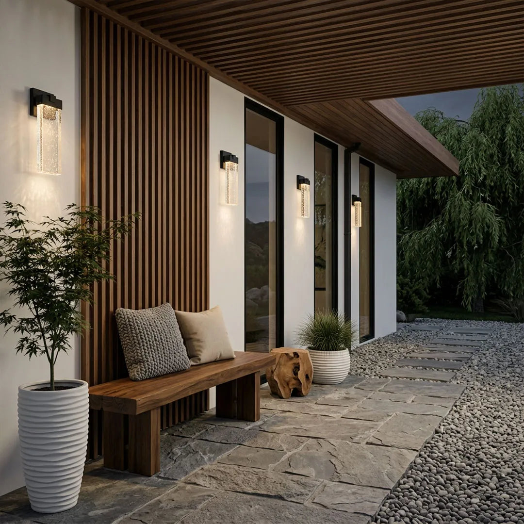 Seeded Crystal Outdoor Wall Light, Rectangular LED Sconce for Entryways and Facades, Die-Cast Aluminum with Bubble Glass Glow