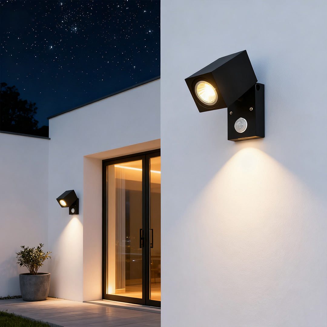 Outdoor Sensor Wall Light, Black Waterproof Square LED Spotlight for Entrances and Garages, Adjustable Head with Motion Option