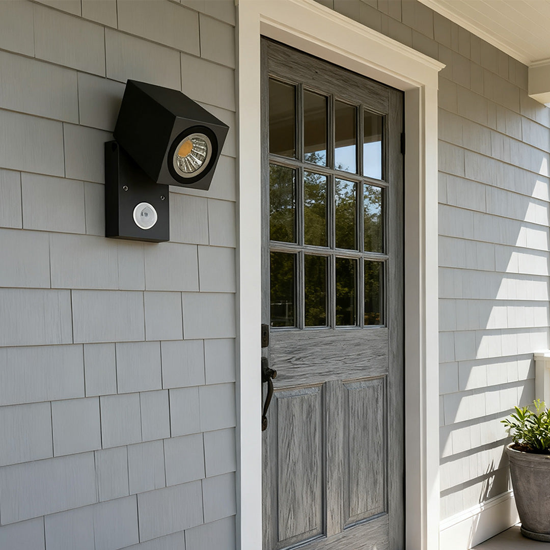 Outdoor Sensor Wall Light, Black Waterproof Square LED Spotlight for Entrances and Garages, Adjustable Head with Motion Option