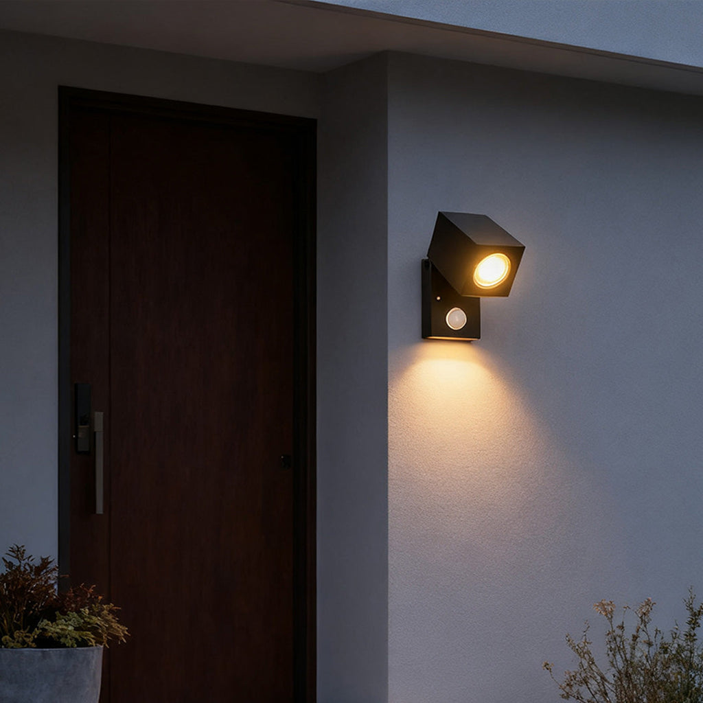 Outdoor Sensor Wall Light, Black Waterproof Square LED Spotlight for Entrances and Garages, Adjustable Head with Motion Option