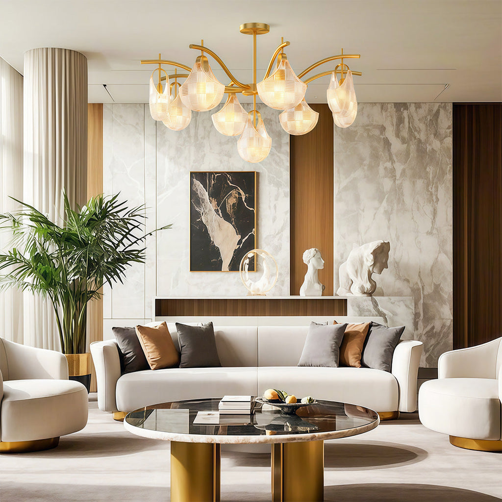Shell chandelier hanging above contemporary living room furniture