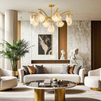 Shell chandelier hanging above contemporary living room furniture