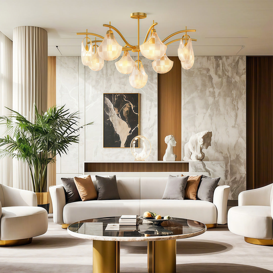 Shell chandelier hanging above contemporary living room furniture