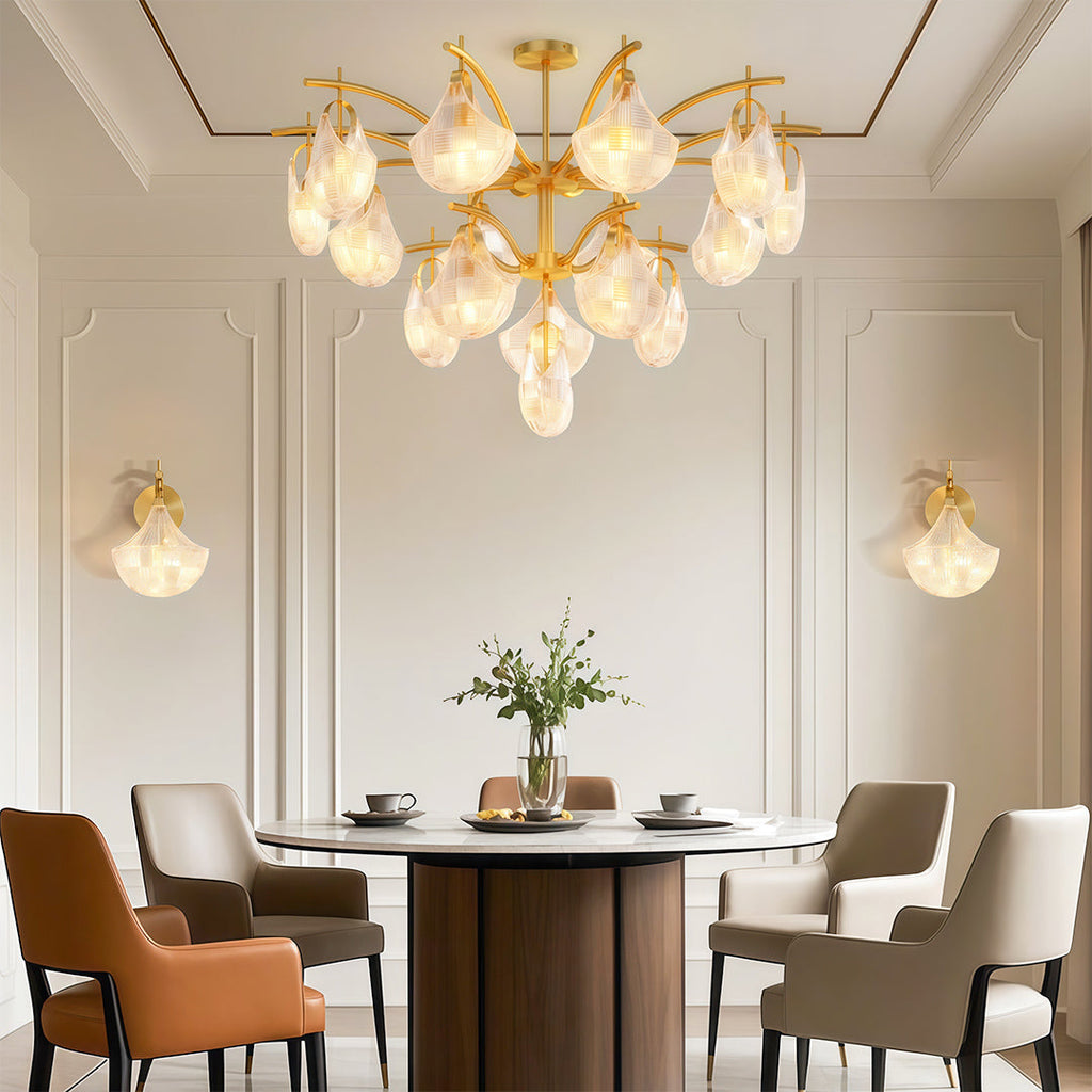Shell chandelier over an elegant dining set with rust chairs