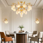 Shell chandelier over an elegant dining set with rust chairs