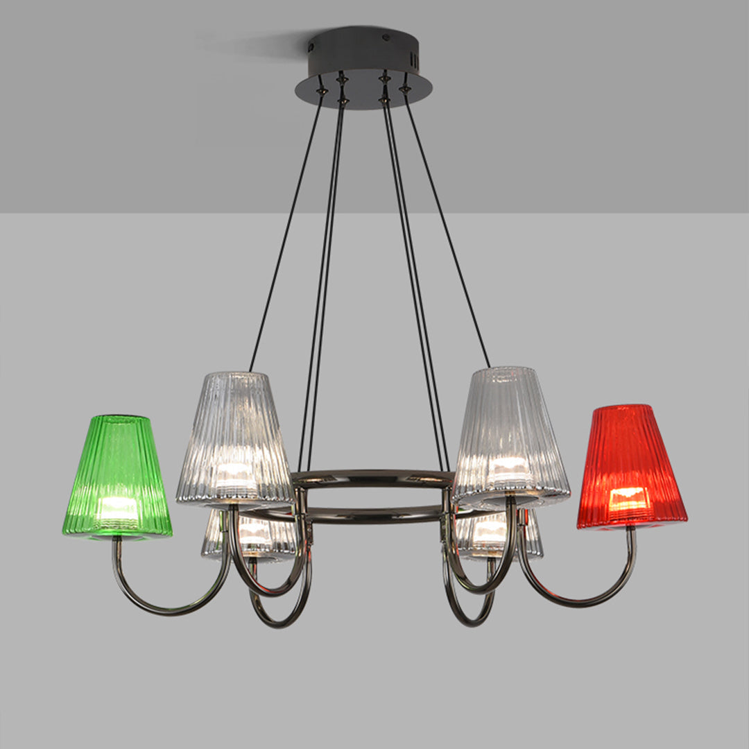 Six-light chandelier with colorful glass shades in a modern interior