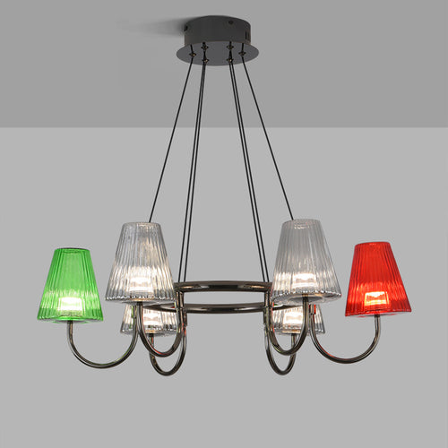 Six-light chandelier with colorful glass shades in a modern interior