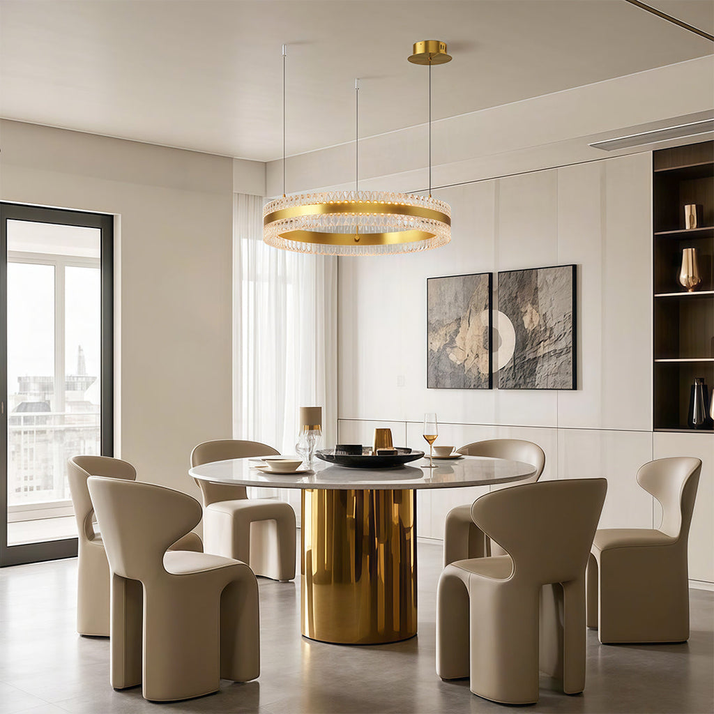 Dual ring chandelier in a dining area with natural light