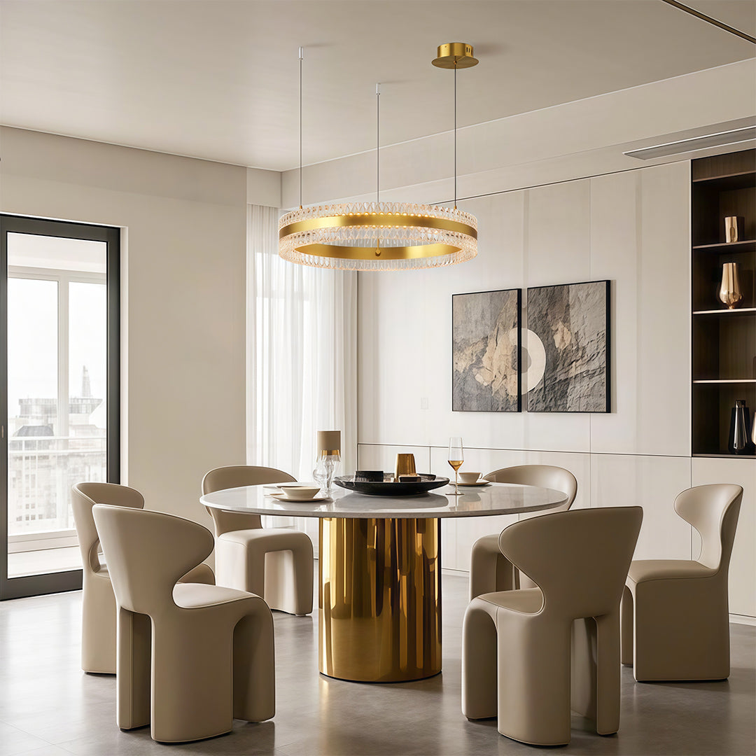 Dual ring chandelier in a dining area with natural light