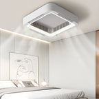Sleek square bladeless ceiling fan with light in a bedroom