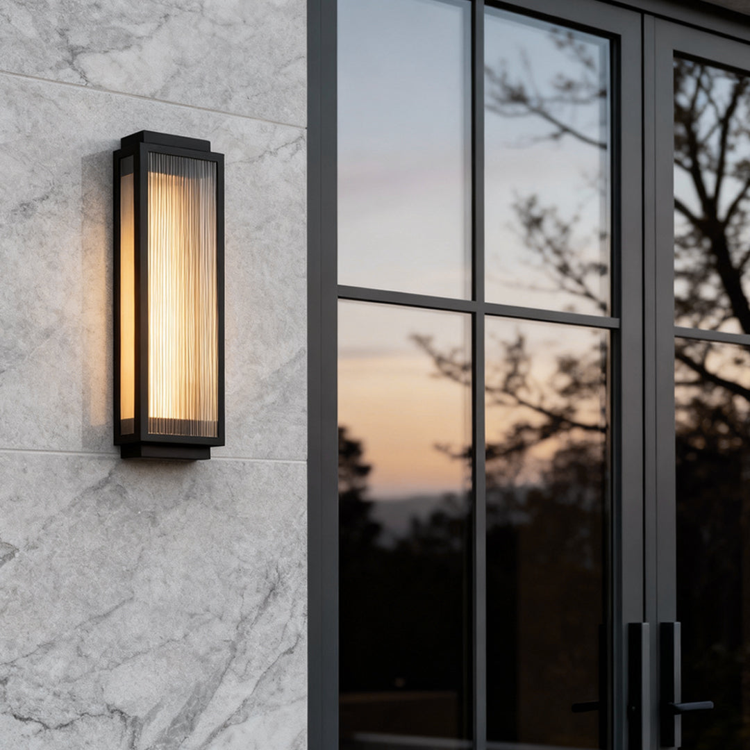 Reeded Glass Wall Light, Rectangular Stainless Steel LED Sconce for Modern Exteriors and Entrances, IP55 in Four Heights