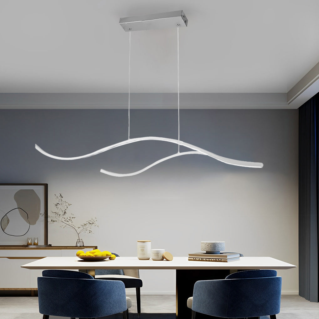 Curved LED Pendant Light, Wavy Linear Chandelier for Kitchen Island and Dining Table, Dimmable Modern Ceiling Light in Black, Gold or Chrome