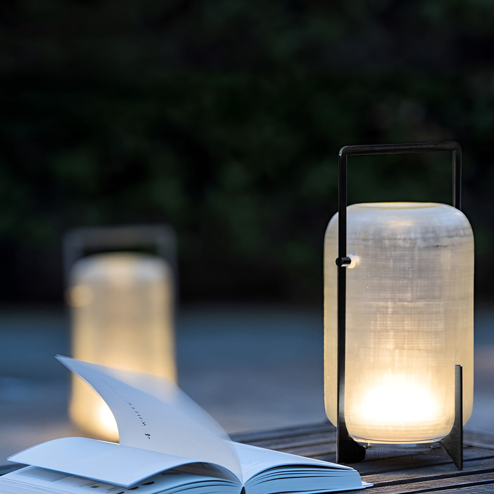 Modern Outdoor Lantern with Handle, Stainless Steel Waterproof LED Portable Light for Patio and Garden, Solar or USB Charging