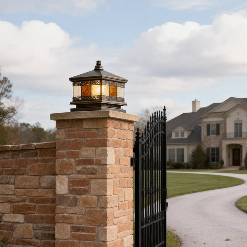 Copper Column Pillar Light, European Square Post Cap Lantern for Stone Columns and Gates, Solar and Hardwired Dual Power