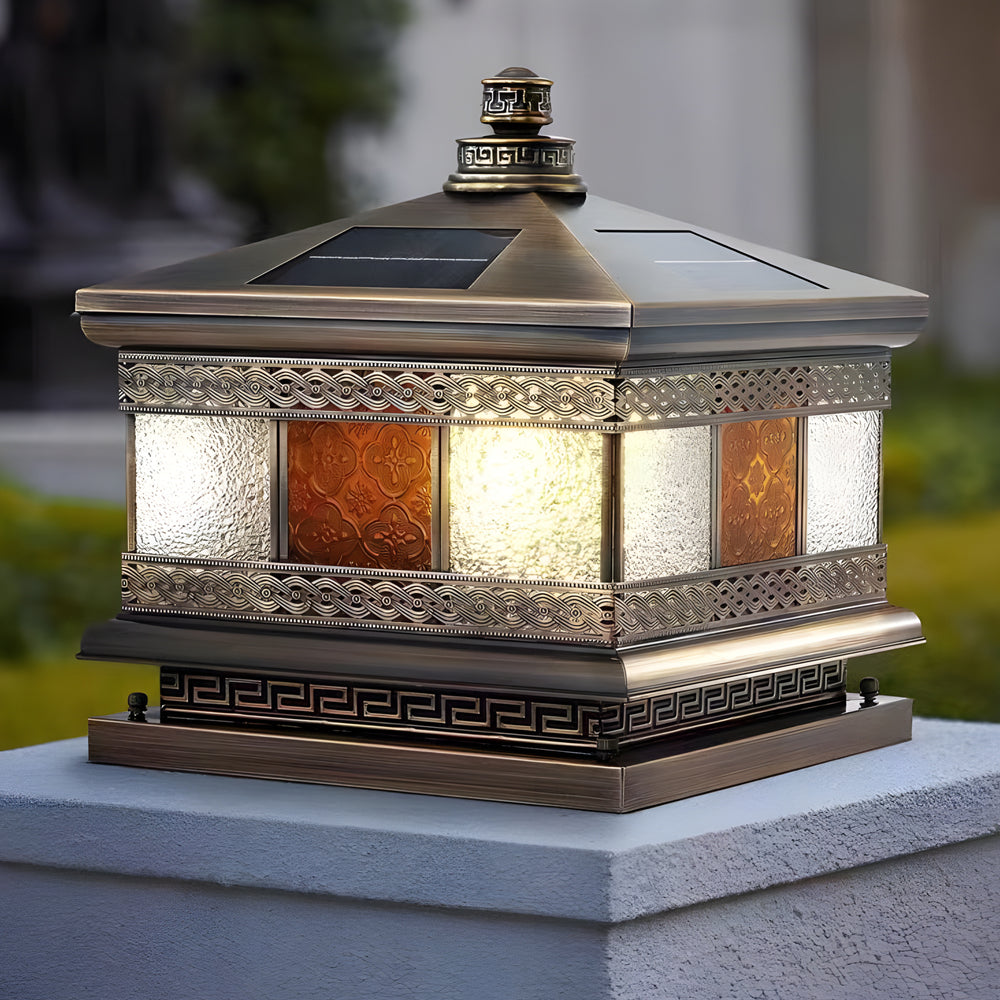 Copper Column Pillar Light, European Square Post Cap Lantern for Stone Columns and Gates, Solar and Hardwired Dual Power