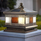 Column pillar lantern showing its decorative glass side panels