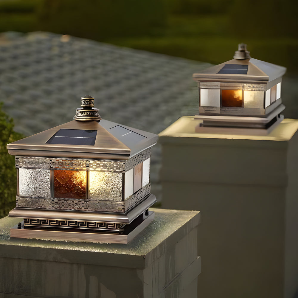 Copper Column Pillar Light, European Square Post Cap Lantern for Stone Columns and Gates, Solar and Hardwired Dual Power