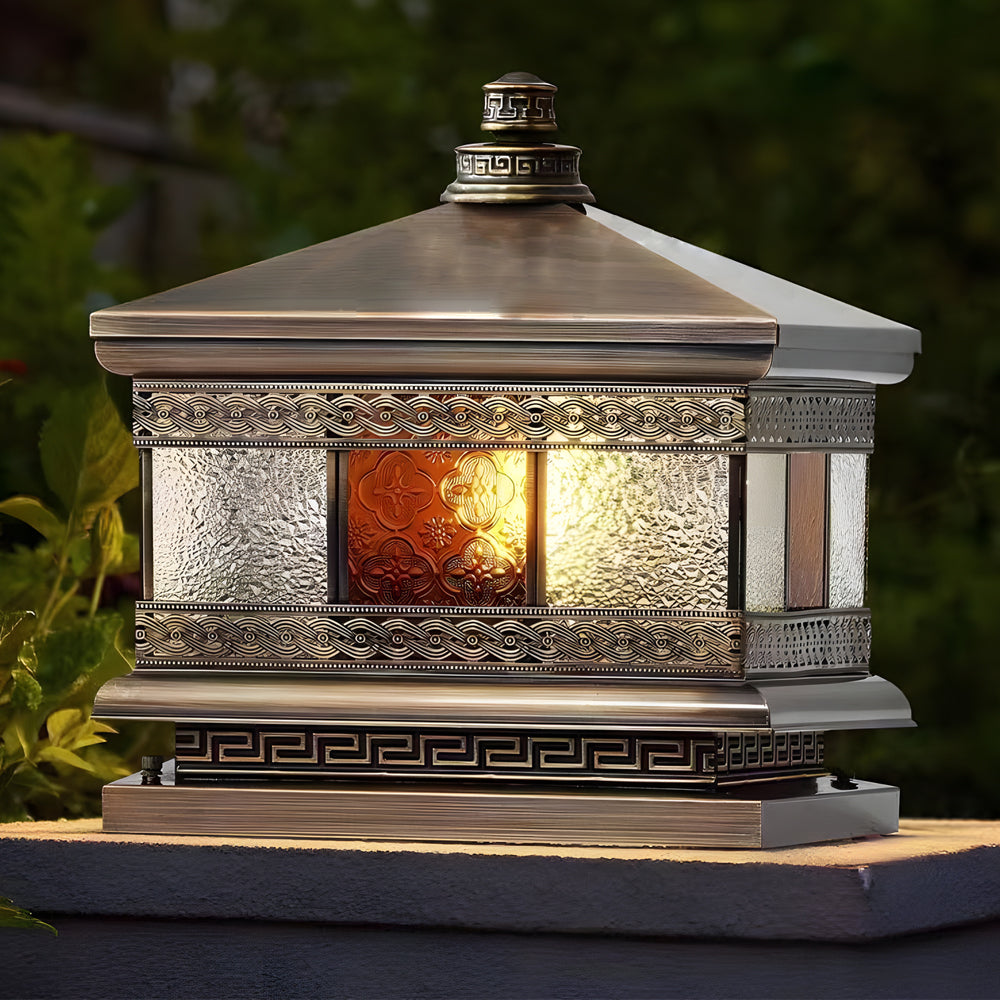 Copper Column Pillar Light, European Square Post Cap Lantern for Stone Columns and Gates, Solar and Hardwired Dual Power
