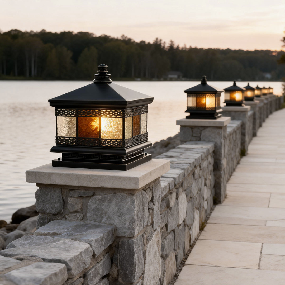 Copper Column Pillar Light, European Square Post Cap Lantern for Stone Columns and Gates, Solar and Hardwired Dual Power