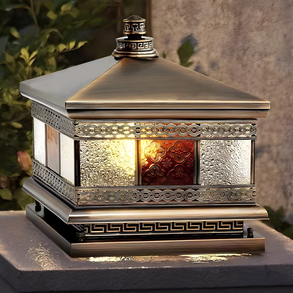 Copper Column Pillar Light, European Square Post Cap Lantern for Stone Columns and Gates, Solar and Hardwired Dual Power