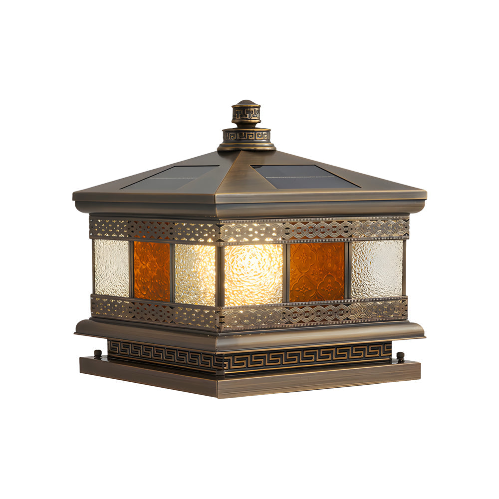 Copper Column Pillar Light, European Square Post Cap Lantern for Stone Columns and Gates, Solar and Hardwired Dual Power