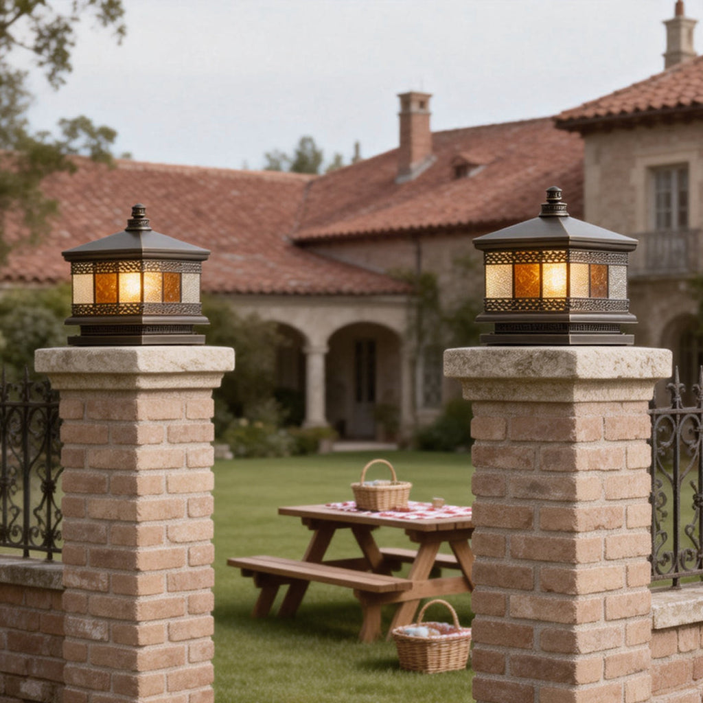 Copper Column Pillar Light, European Square Post Cap Lantern for Stone Columns and Gates, Solar and Hardwired Dual Power