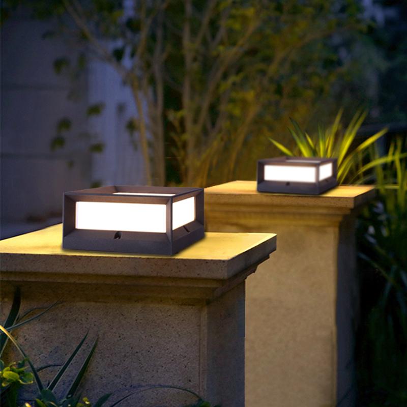 Solar Garden Pillar Light, Square Black Die-Cast Aluminum Cap Lamp for Door Posts and Walls, 7W Warm White LED with Hardwired Option