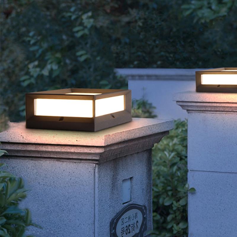 Solar Garden Pillar Light, Square Black Die-Cast Aluminum Cap Lamp for Door Posts and Walls, 7W Warm White LED with Hardwired Option