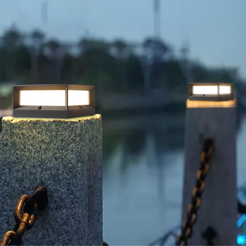 Solar Garden Pillar Light, Square Black Die-Cast Aluminum Cap Lamp for Door Posts and Walls, 7W Warm White LED with Hardwired Option