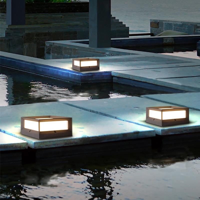 Solar Garden Pillar Light, Square Black Die-Cast Aluminum Cap Lamp for Door Posts and Walls, 7W Warm White LED with Hardwired Option