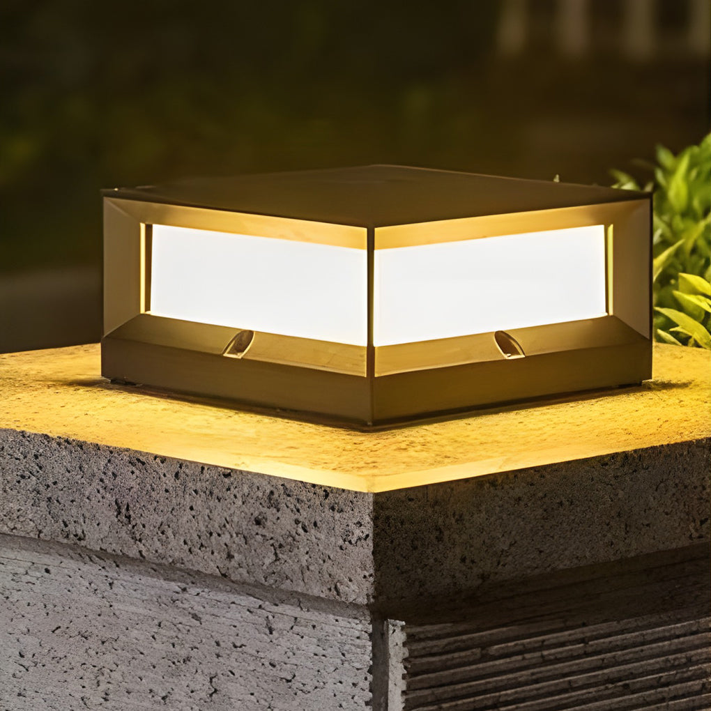Solar Garden Pillar Light, Square Black Die-Cast Aluminum Cap Lamp for Door Posts and Walls, 7W Warm White LED with Hardwired Option