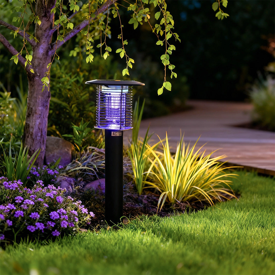 Solar bug zapper light standing on a lawn beside a path