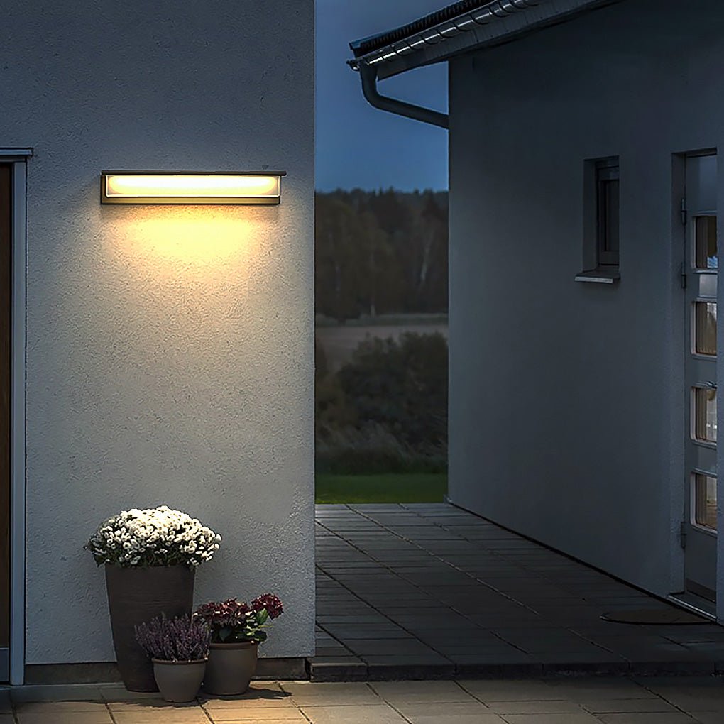 Black Outdoor Porch Light, Rectangular Stainless Steel and Aluminum LED Wall Fixture, Solar or Hardwired with 3000K Warm Glow