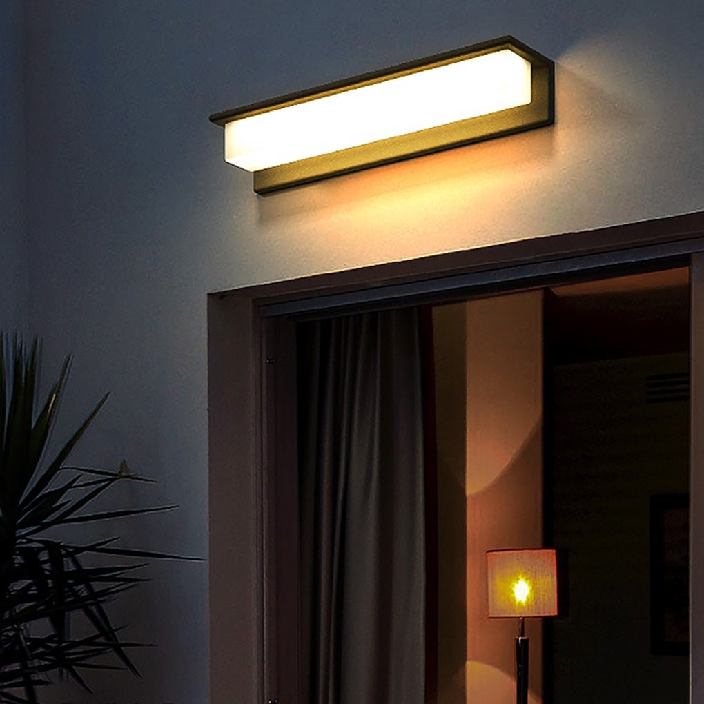 Black Outdoor Porch Light, Rectangular Stainless Steel and Aluminum LED Wall Fixture, Solar or Hardwired with 3000K Warm Glow