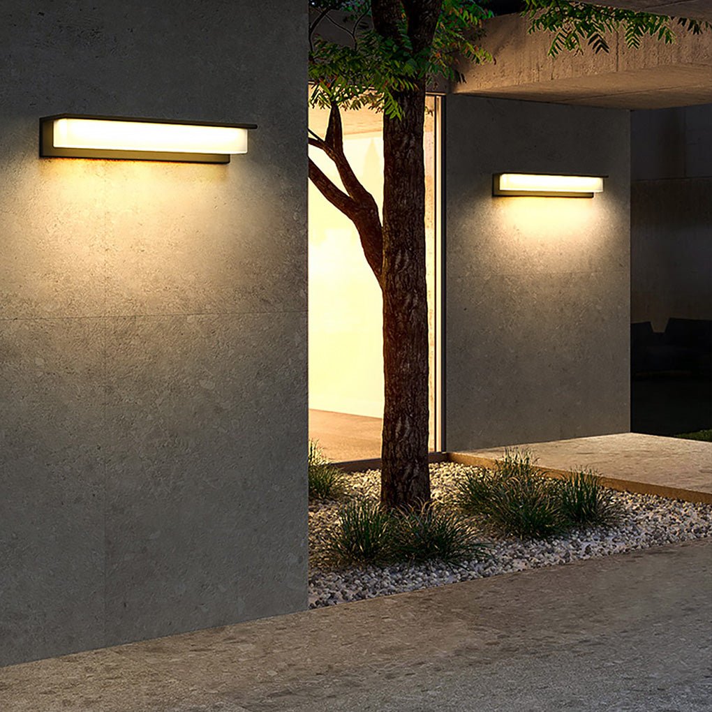 Black Outdoor Porch Light, Rectangular Stainless Steel and Aluminum LED Wall Fixture, Solar or Hardwired with 3000K Warm Glow