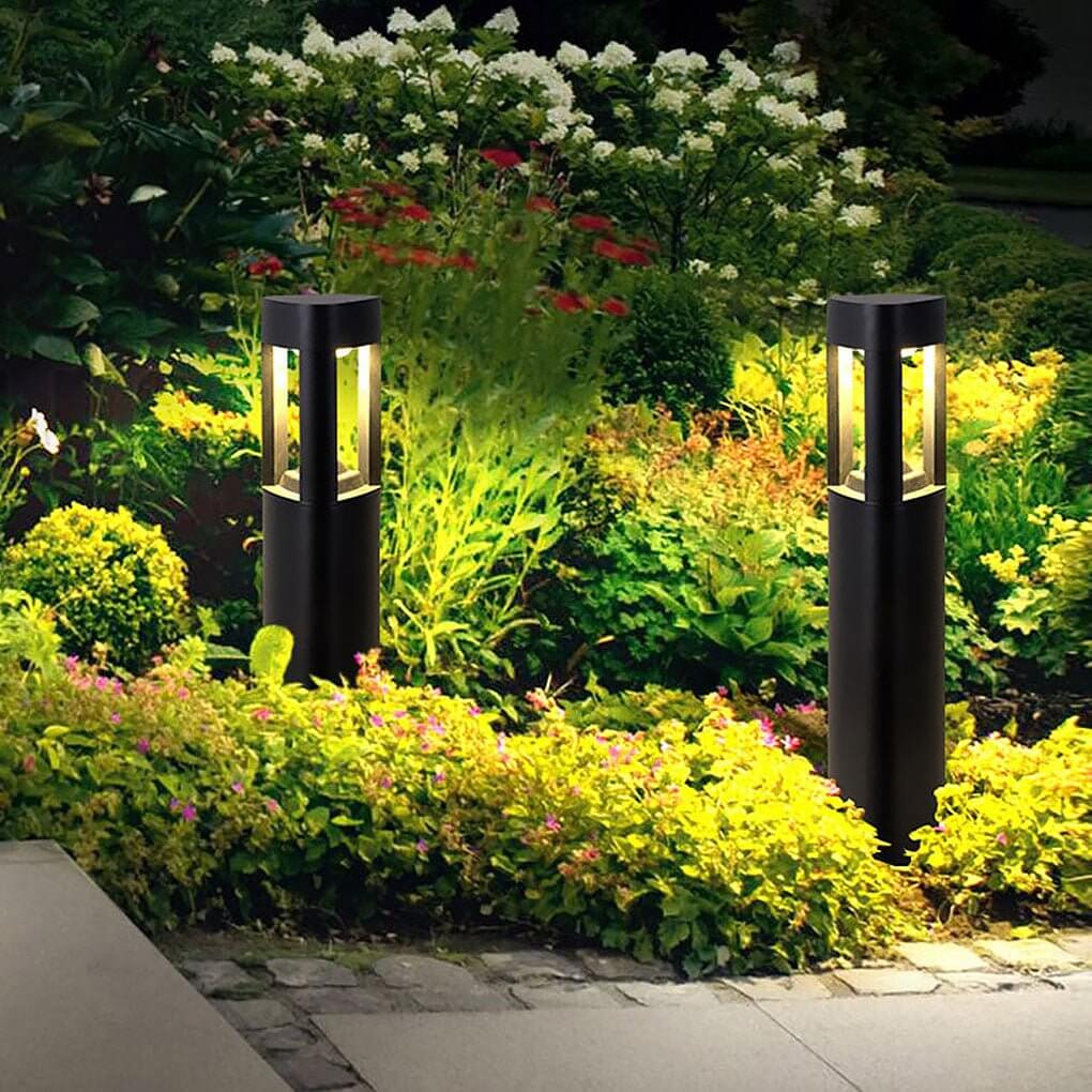 Hollow Bollard Light, Aluminum Lattice LED Path Post Lamp for Driveways and Garden Walks, Solar or Hardwired Three-Sided Glow