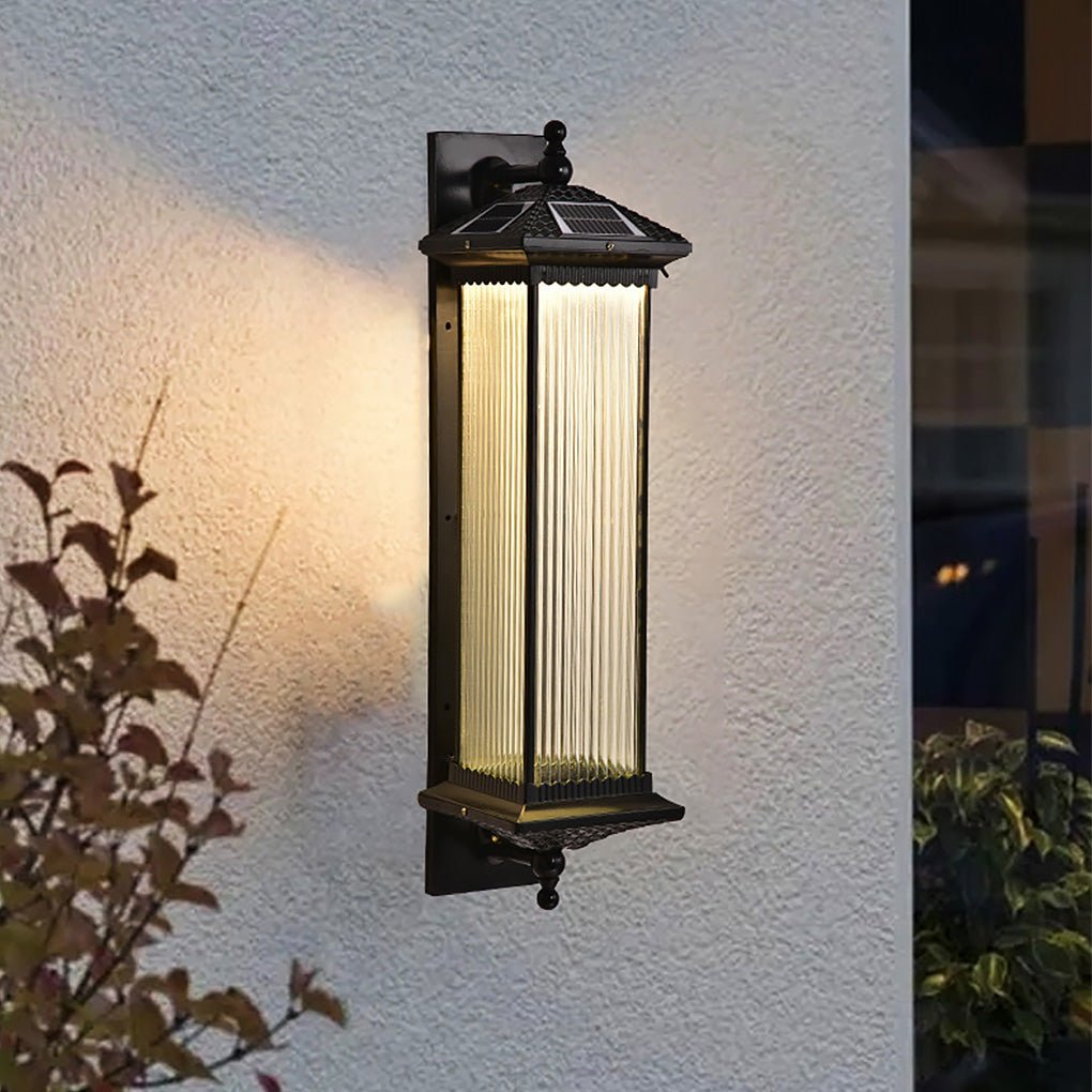 Solar Wall Light, Striped Glass and Die-Cast Aluminum Waterproof Outdoor Lamp for Porch and Garden Walls, Dimmable in Two Heights