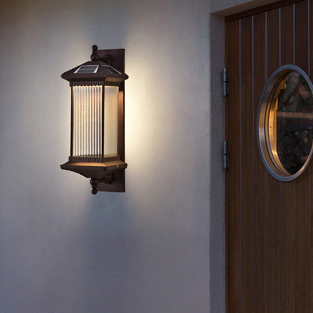 Solar Wall Light, Striped Glass and Die-Cast Aluminum Waterproof Outdoor Lamp for Porch and Garden Walls, Dimmable in Two Heights