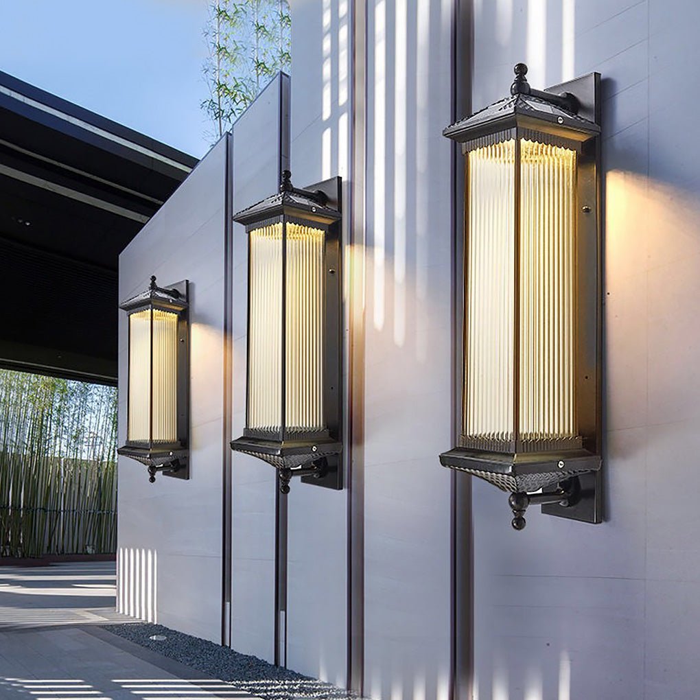 Solar Wall Light, Striped Glass and Die-Cast Aluminum Waterproof Outdoor Lamp for Porch and Garden Walls, Dimmable in Two Heights