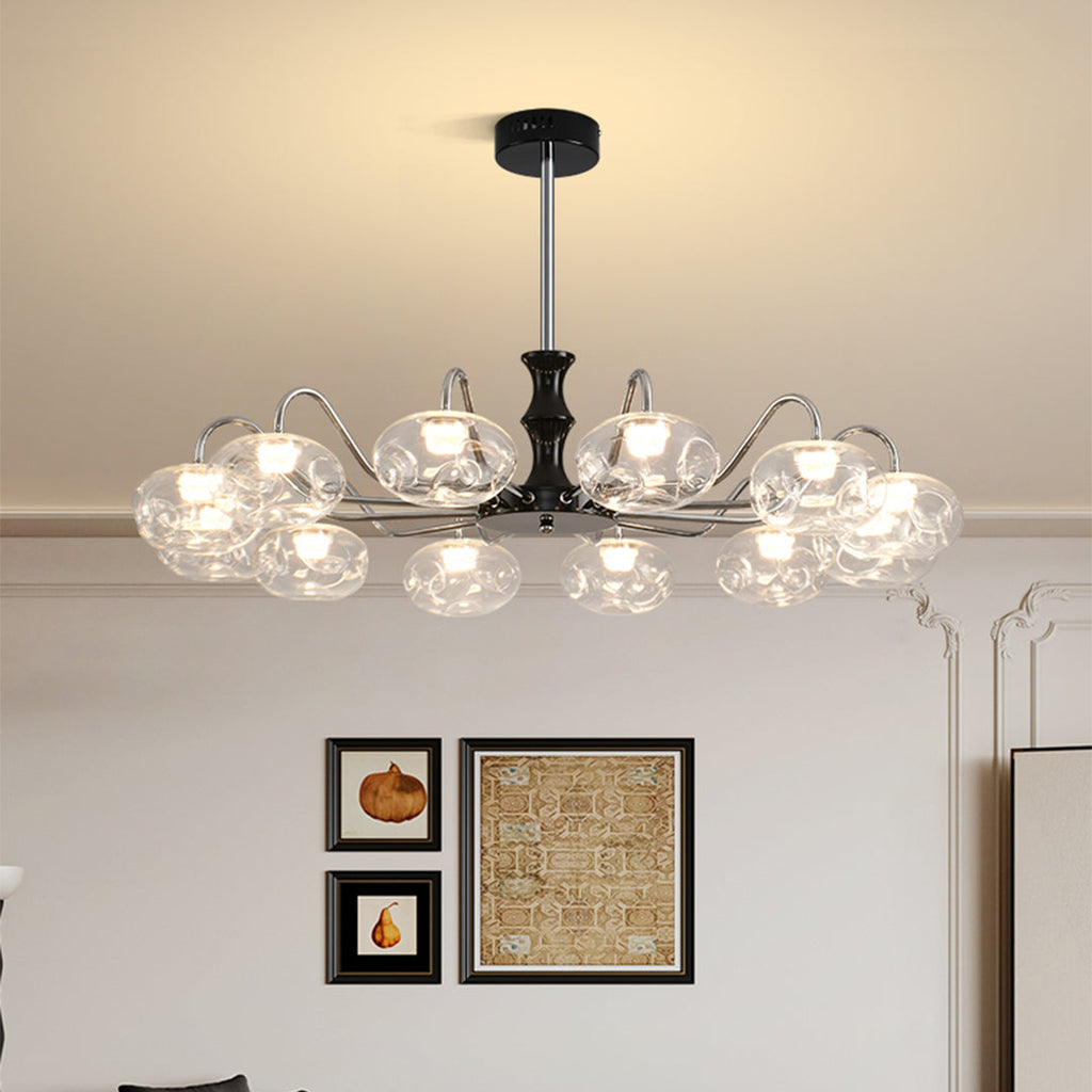 Art glass chandelier hanging in a sophisticated dining room