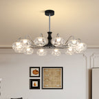 Art glass chandelier hanging in a sophisticated dining room