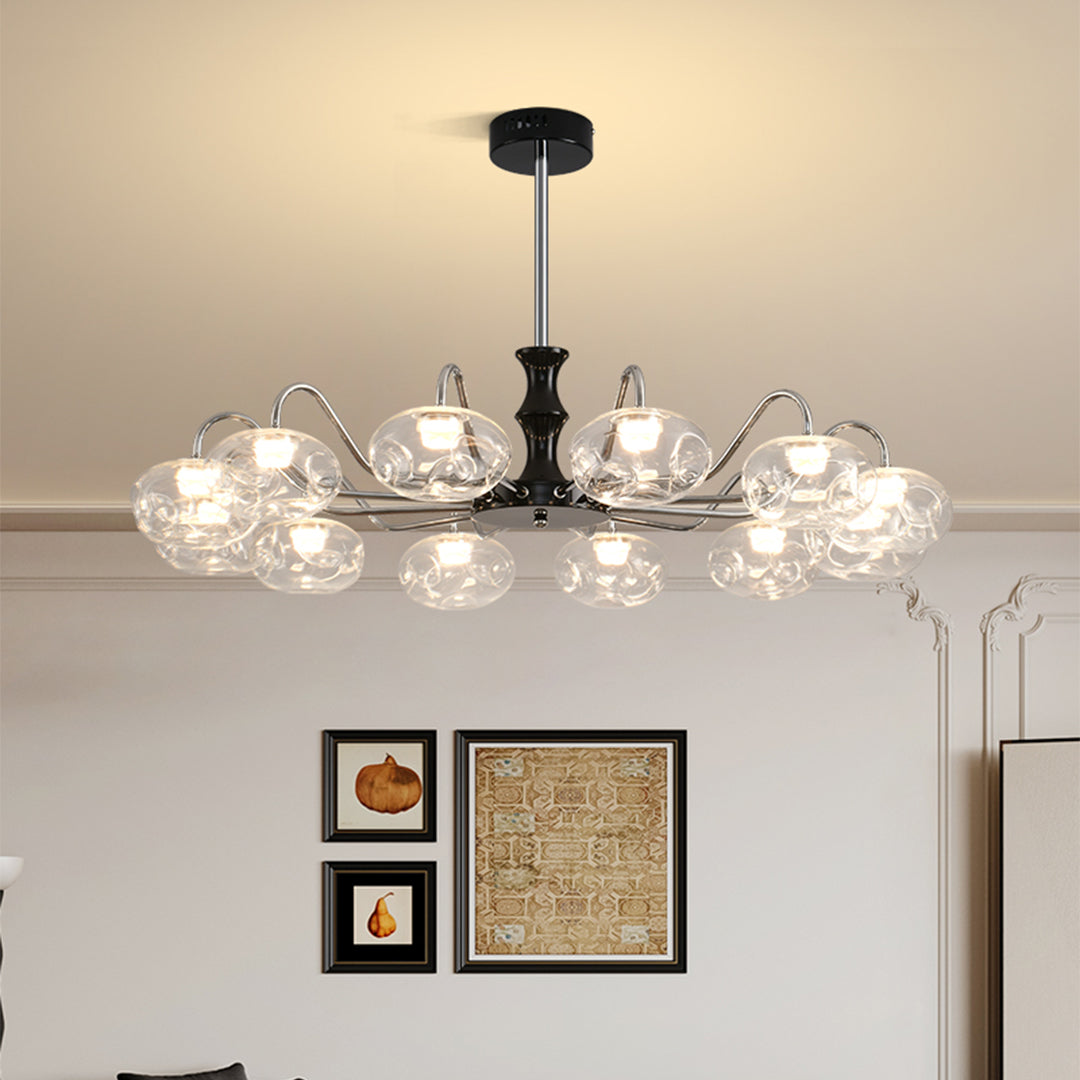 Art glass chandelier hanging in a sophisticated dining room