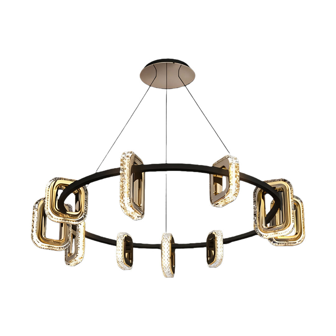 Circular chandelier with alternating glass shades